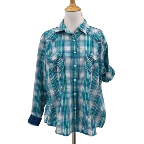 Panhandle Shirt Womens XL Extra Large Western Yoke Pearl Snap Tab Sleeve Top - Picture 1 of 11